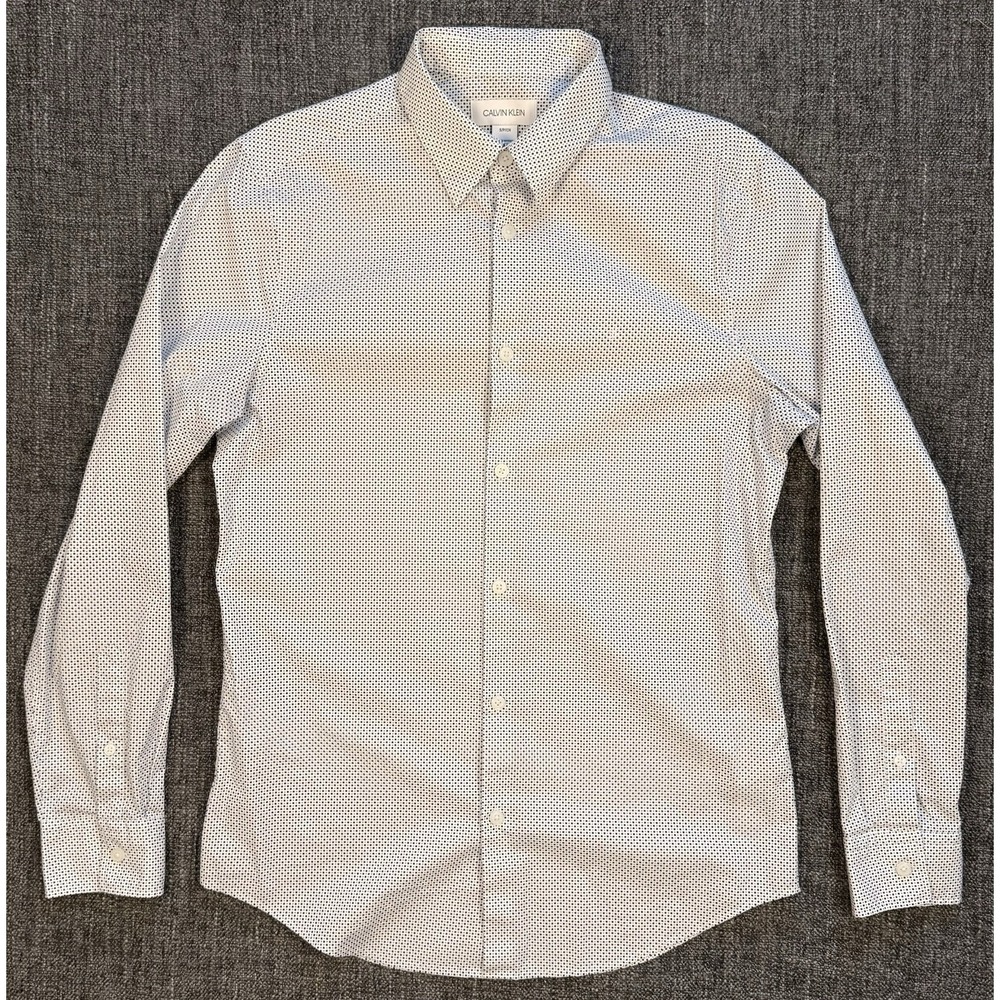 Modern Y2K Designer Calvin Klein Shirt Mens S White Micro Dot Stretch